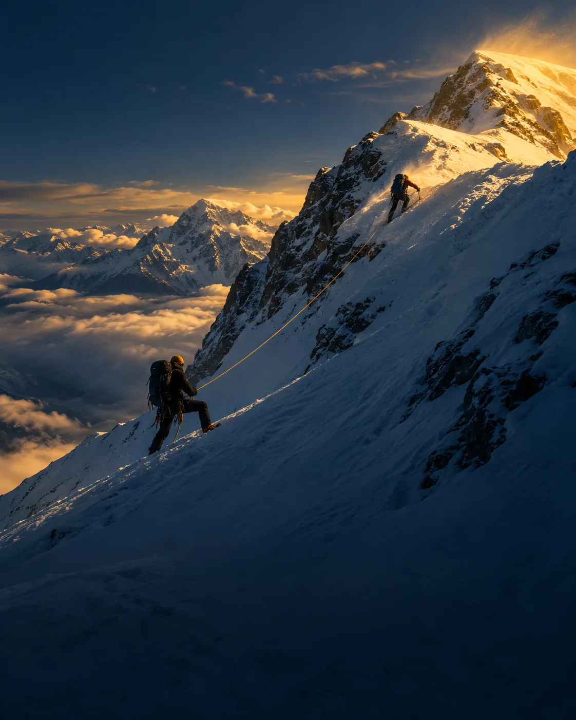 Two roped climbers ascending a steep, sunlit snow face