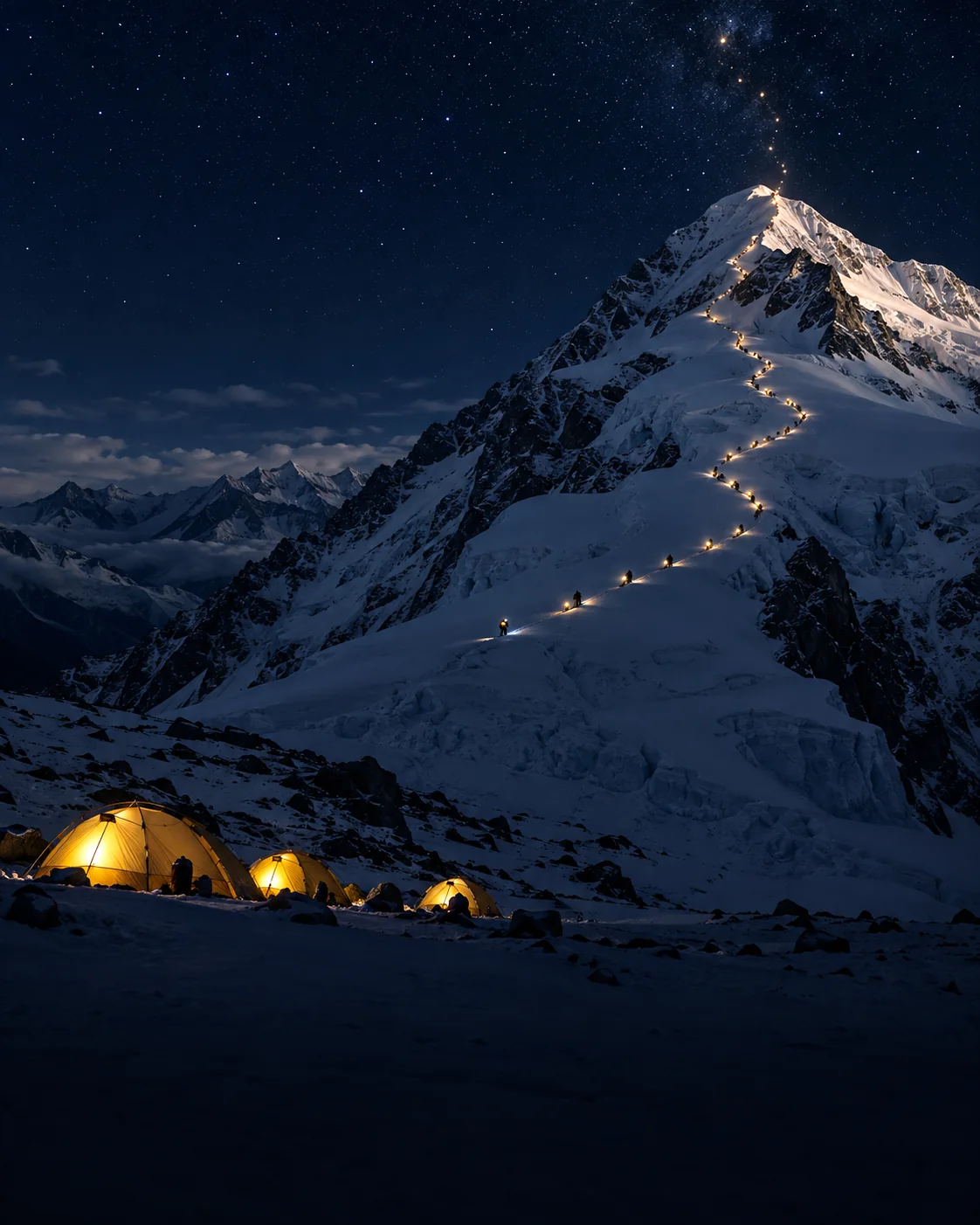 A lit base camp below a mountain, a trail of headlamps climbing toward the summit